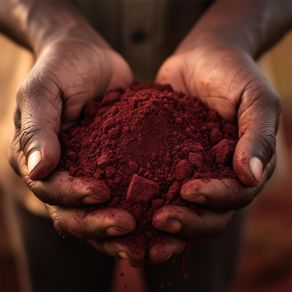 Hands holding rich red Ugandan soil at sunrise